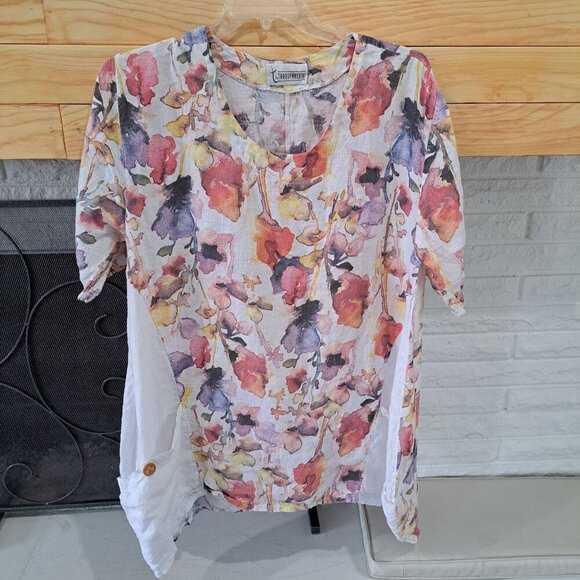 Floral Linen Womens Top By Transparente With Wooden Button Accents Pocket 2XL - Picture 1 of 10
